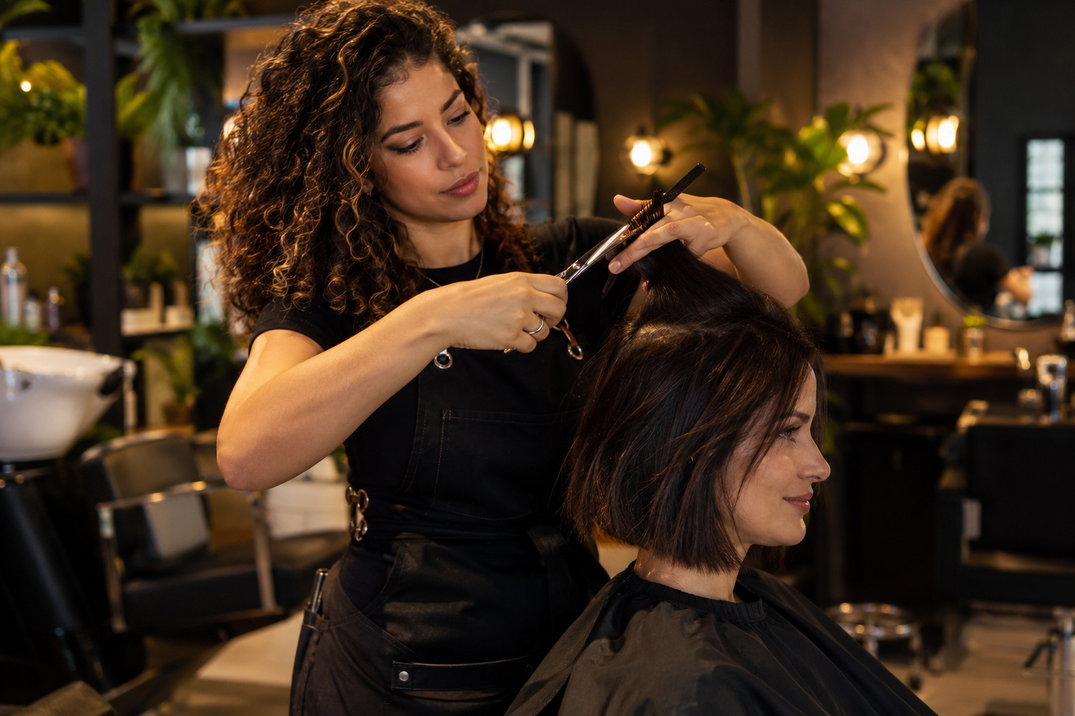 Cabeleireira realizando corte