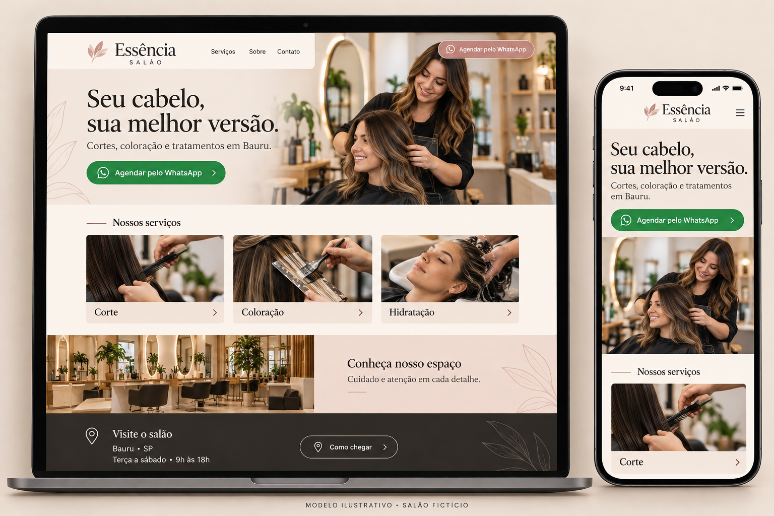 Modelo de site de salão com serviços, fotos e botão de WhatsApp